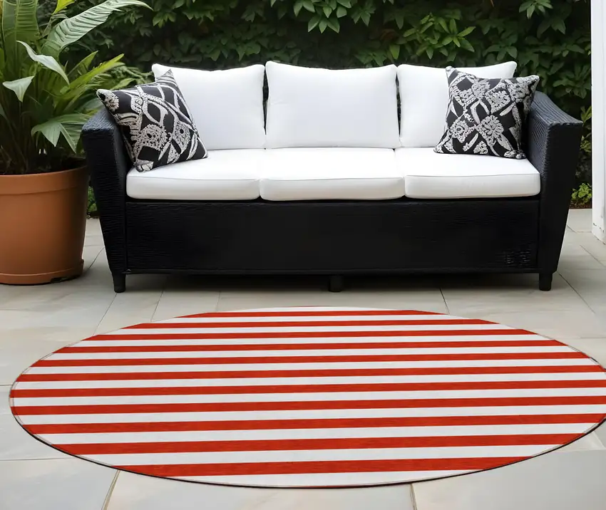 Red and White Round Striped Washable Non Skid Indoor Outdoor Area Rug Photo 1