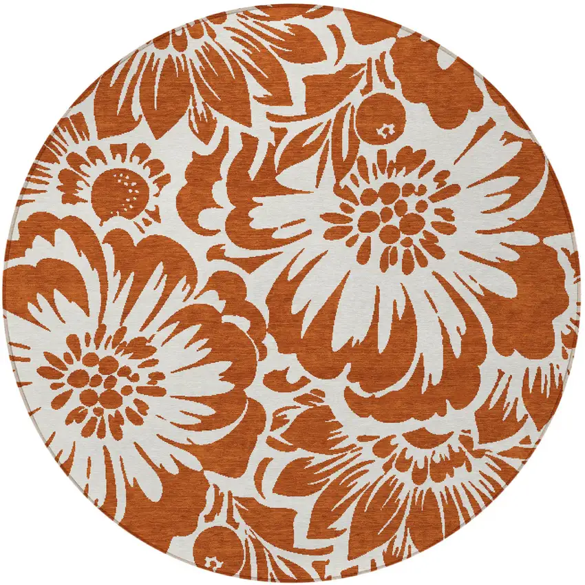 Rust and Ivory Round Floral Washable Non Skid Indoor Outdoor Area Rug Photo 4