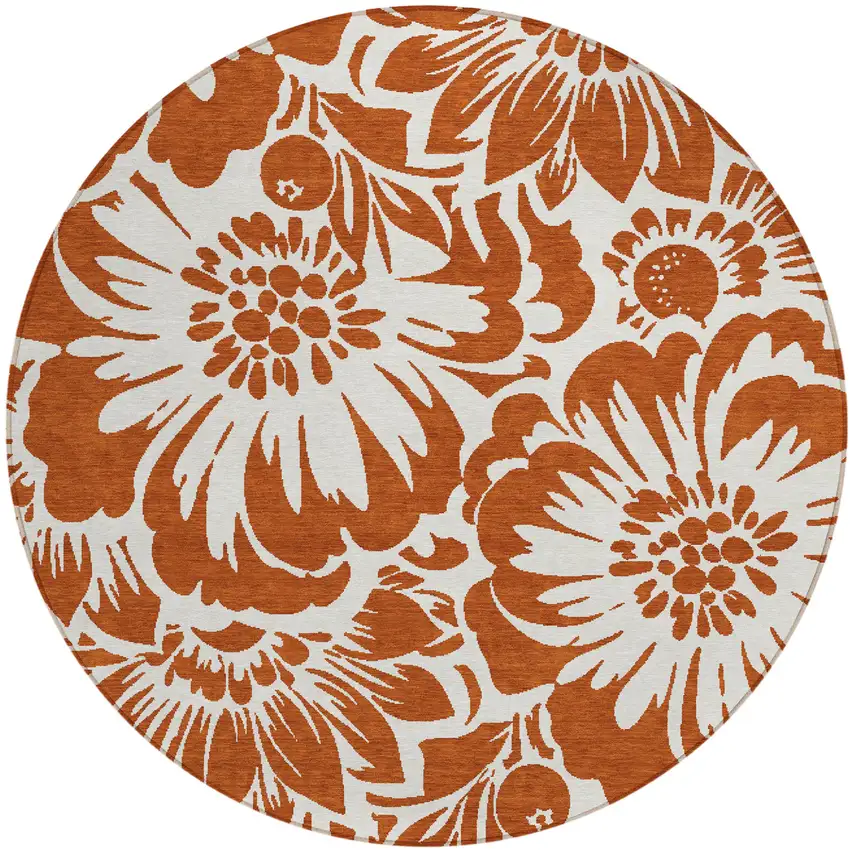 8' Round Rust and Ivory Round Floral Washable Non Skid Indoor Outdoor Area Rug Photo 2