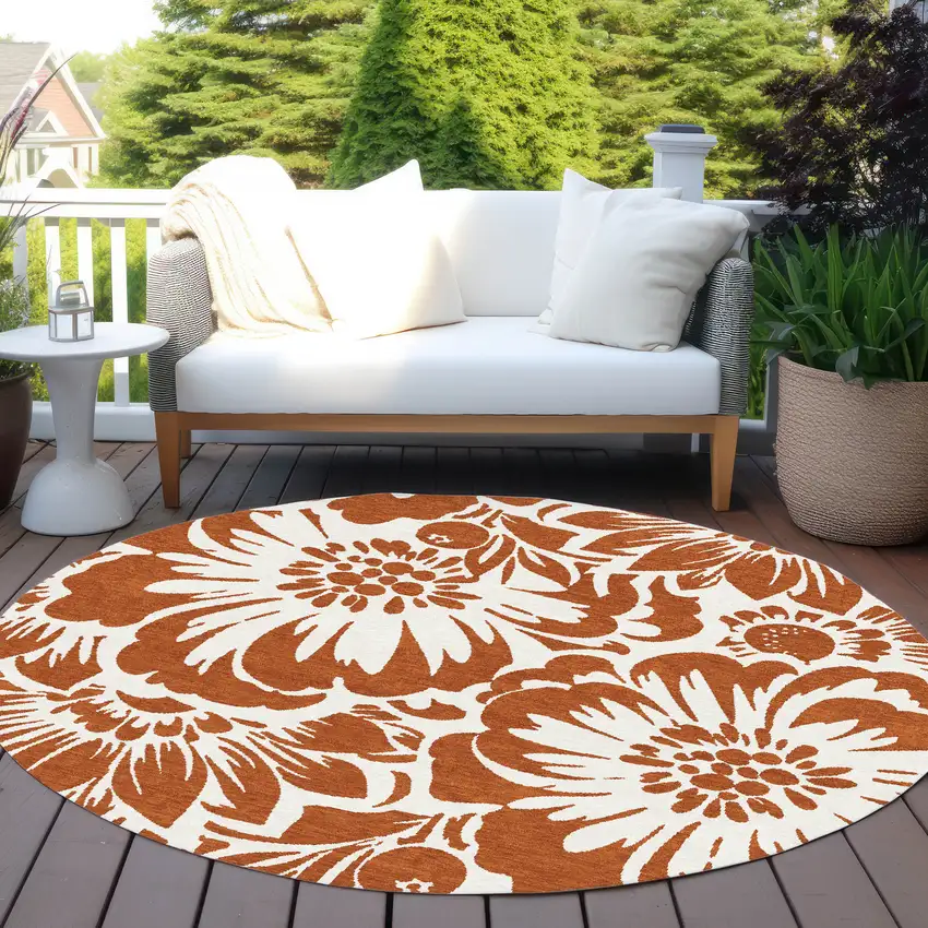 Rust and Ivory Round Floral Washable Non Skid Indoor Outdoor Area Rug Photo 8