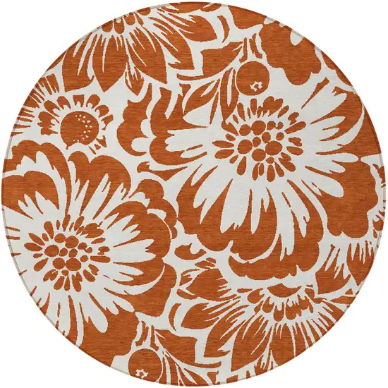 8' Round Rust and Ivory Round Floral Washable Non Skid Indoor Outdoor Area Rug Photo 5