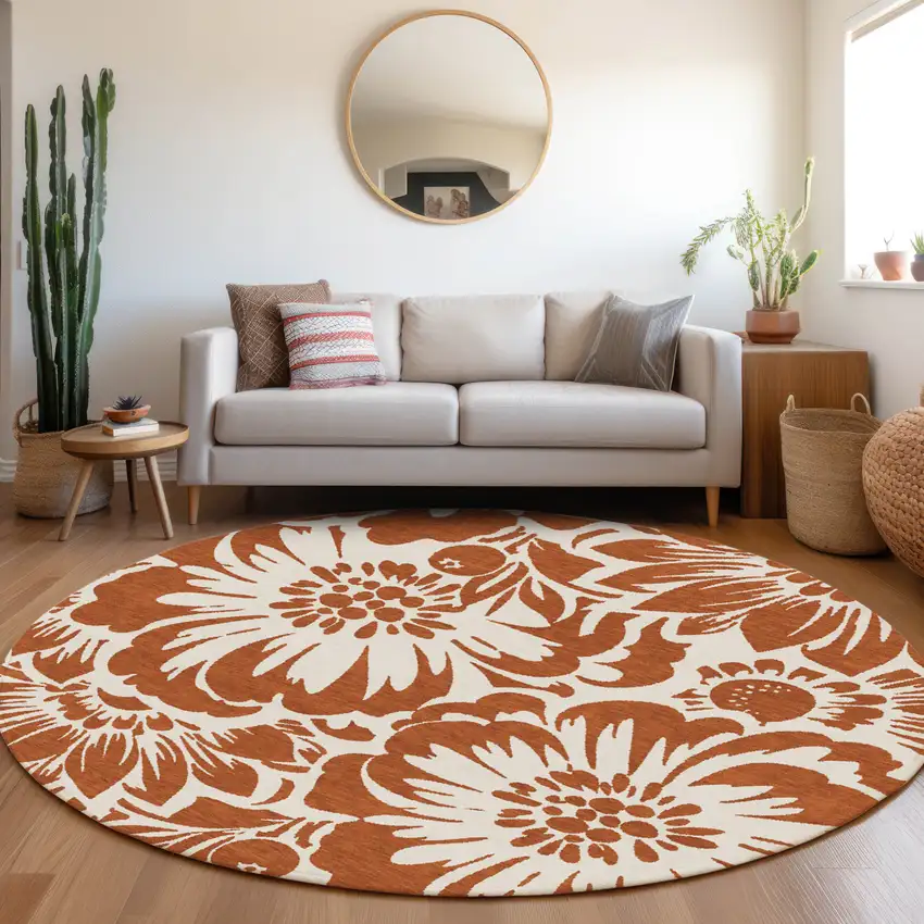 Rust and Ivory Round Floral Washable Non Skid Indoor Outdoor Area Rug Photo 9