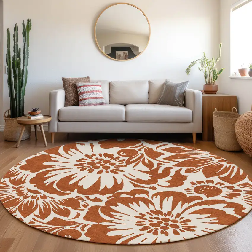 Rust and Ivory Round Floral Washable Non Skid Indoor Outdoor Area Rug Photo 9