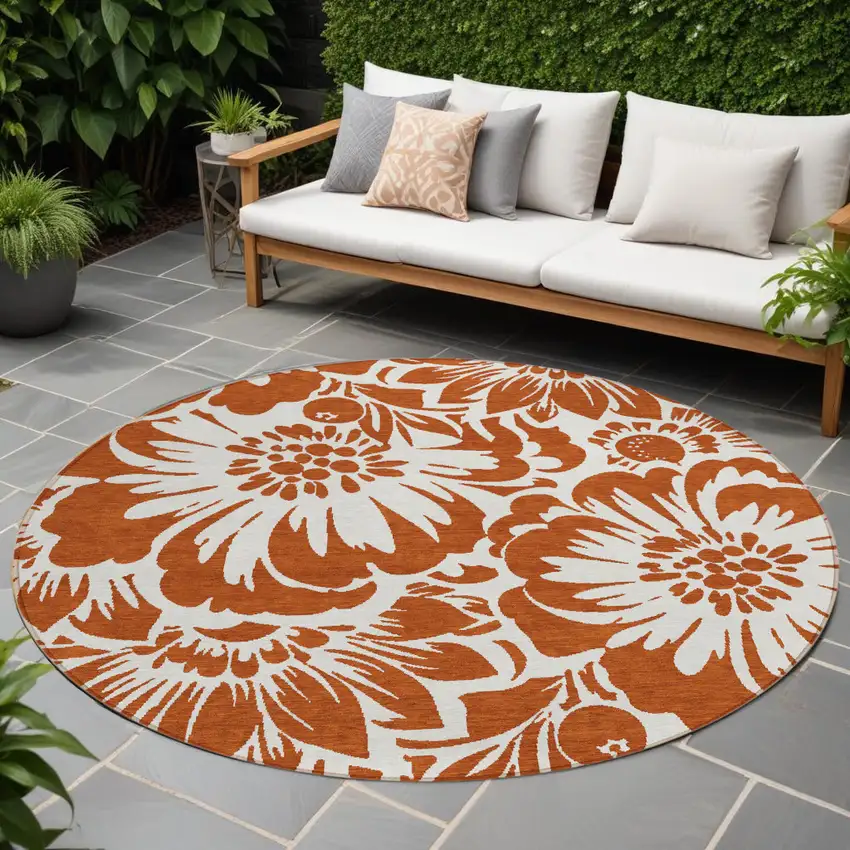 Rust and Ivory Round Floral Washable Non Skid Indoor Outdoor Area Rug Photo 1
