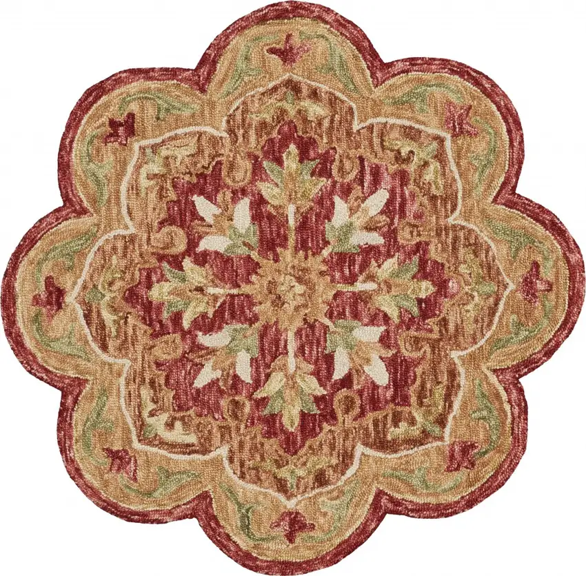 4' Round Rustic Red Scalloped Edge Area Rug Photo 1