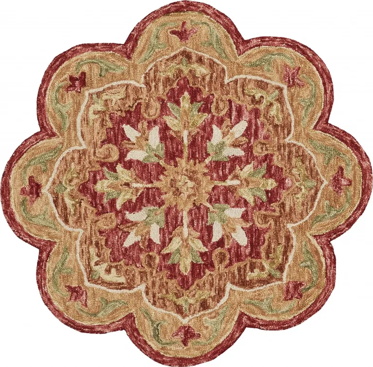 4' Round Rustic Red Scalloped Edge Area Rug Photo 1