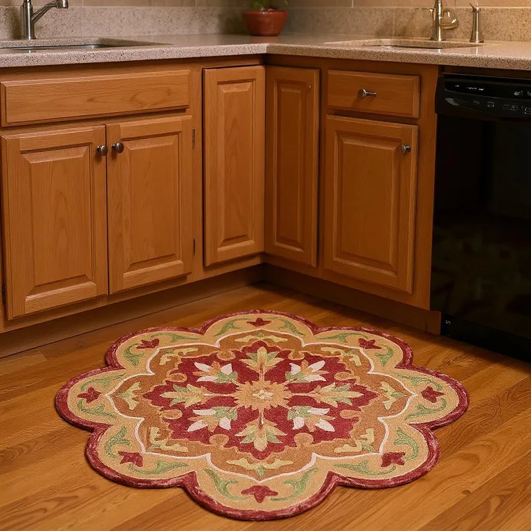 4' Round Rustic Red Scalloped Edge Area Rug Photo 1