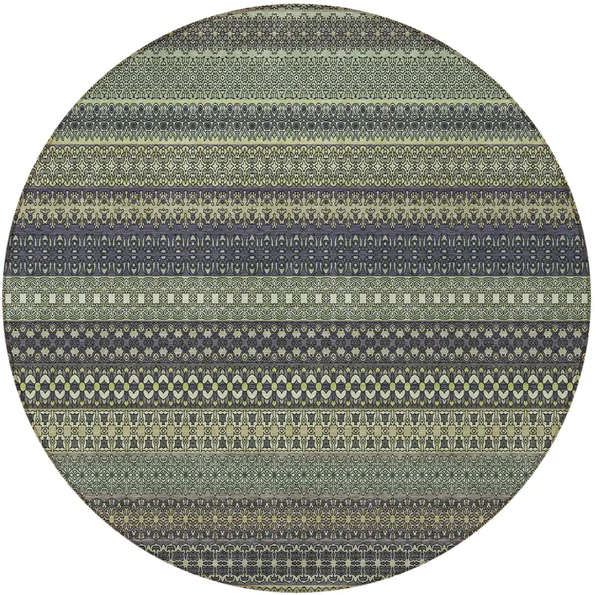 8' Round Sage Round Striped Washable Non Skid Indoor Outdoor Area Rug Photo 4