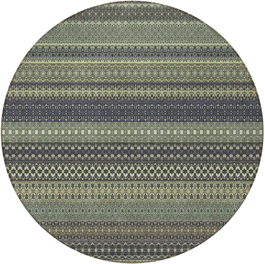 8' Round Sage Round Striped Washable Non Skid Indoor Outdoor Area Rug Photo 4