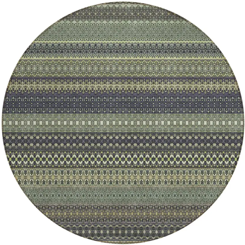 8' Round Sage Round Striped Washable Non Skid Indoor Outdoor Area Rug Photo 2