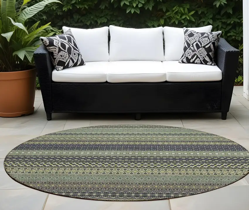 8' Round Sage Round Striped Washable Non Skid Indoor Outdoor Area Rug Photo 1