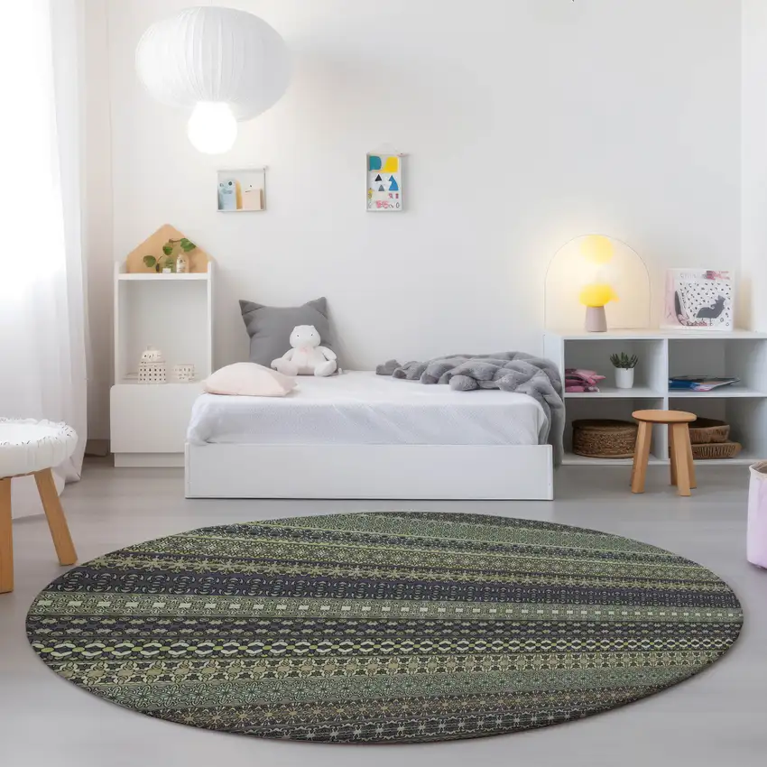 Sage Round Striped Washable Non Skid Indoor Outdoor Area Rug Photo 9