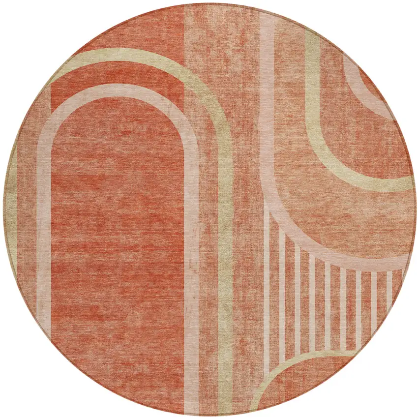 Salmon Round Abstract Washable Indoor Outdoor Area Rug Photo 2