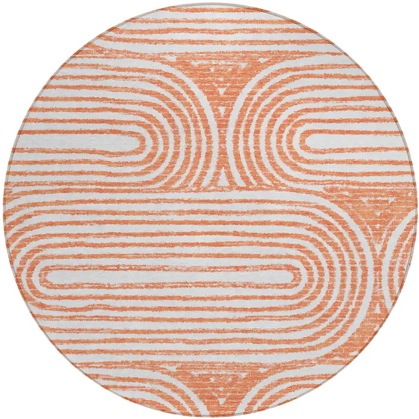 Orange and Ivory Round Abstract Washable Non Skid Indoor Outdoor Area Rug Photo 2