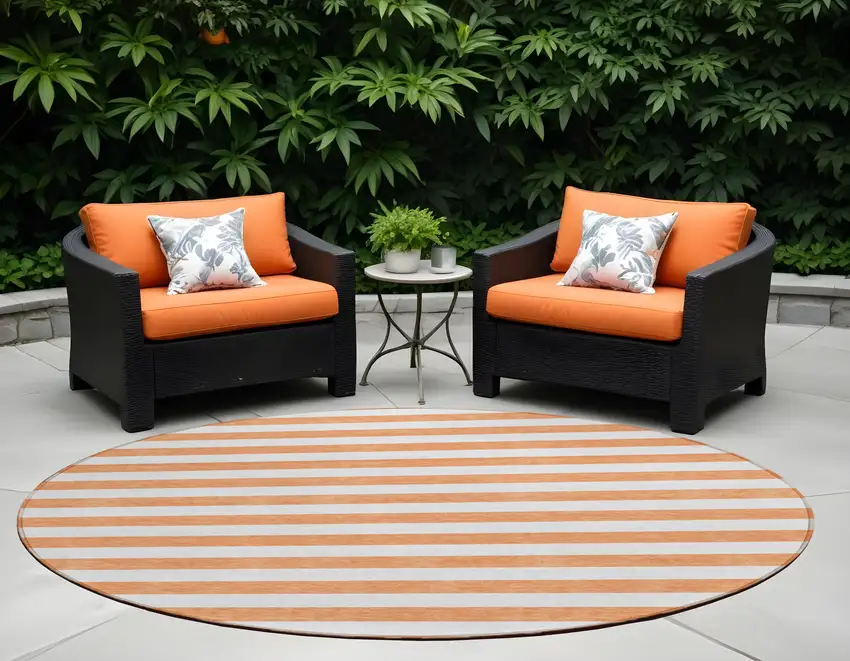 8' Round Salmon Round Striped Washable Non Skid Indoor Outdoor Area Rug Photo 1