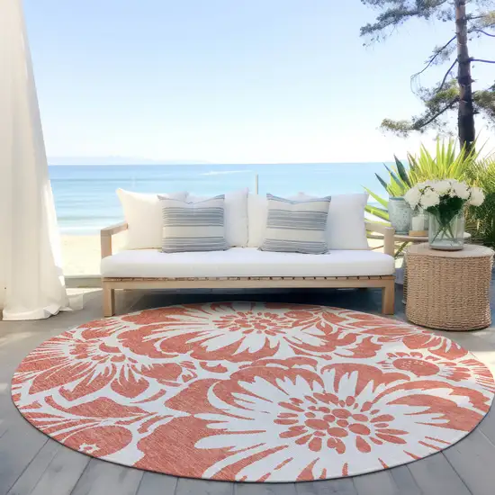 Salmon and Ivory Round Floral Washable Non Skid Indoor Outdoor Area Rug Photo 6