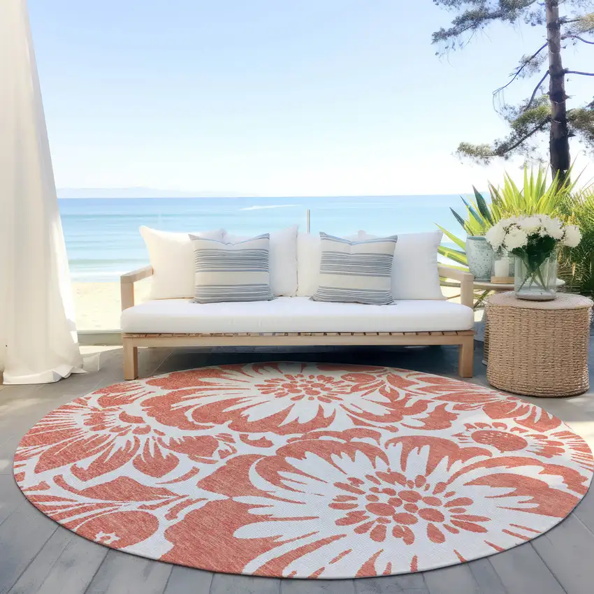 Salmon and Ivory Round Floral Washable Non Skid Indoor Outdoor Area Rug Photo 6
