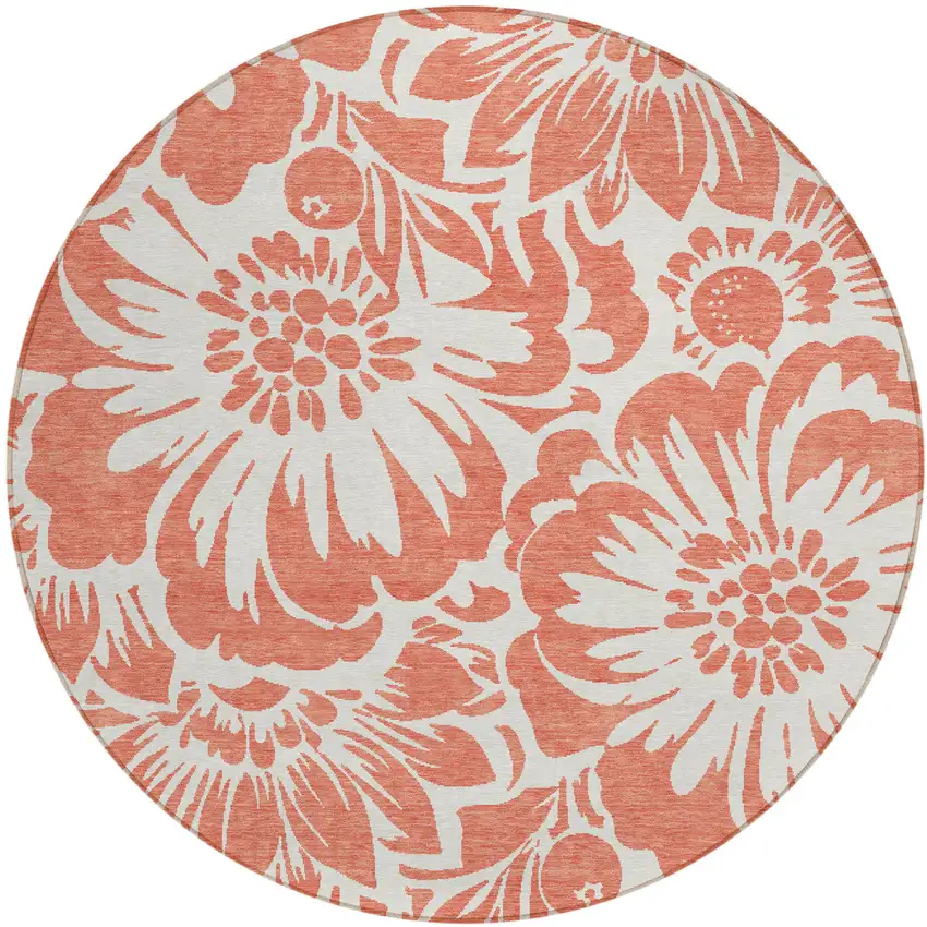 Salmon and Ivory Round Floral Washable Non Skid Indoor Outdoor Area Rug Photo 2