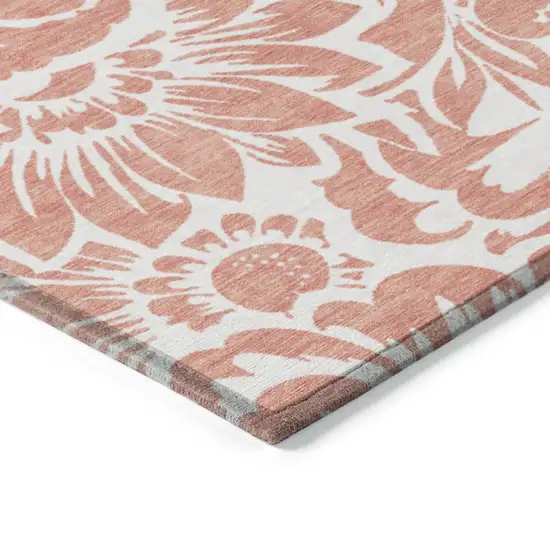 Salmon and Ivory Round Floral Washable Non Skid Indoor Outdoor Area Rug Photo 5