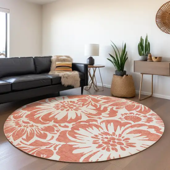 Salmon and Ivory Round Floral Washable Non Skid Indoor Outdoor Area Rug Photo 7