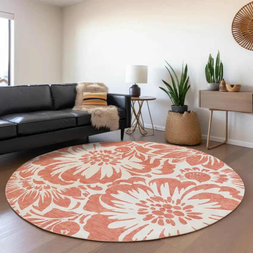 Salmon and Ivory Round Floral Washable Non Skid Indoor Outdoor Area Rug Photo 7
