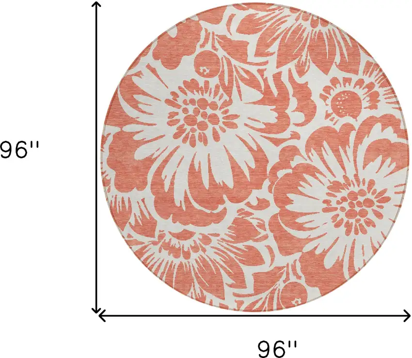 Salmon and Ivory Round Floral Washable Non Skid Indoor Outdoor Area Rug Photo 3