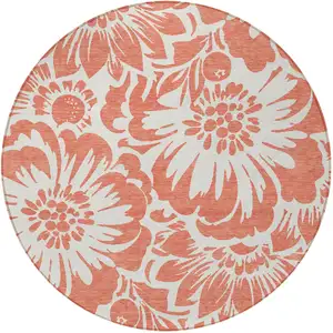 Photo of 8' Round Salmon and Ivory Round Floral Washable Non Skid Indoor Outdoor Area Rug