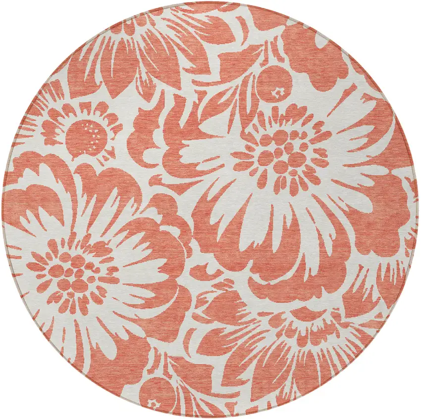 8' Round Salmon and Ivory Round Floral Washable Non Skid Indoor Outdoor Area Rug Photo 3