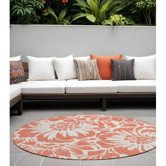 Salmon and Ivory Round Floral Washable Non Skid Indoor Outdoor Area Rug Photo 1