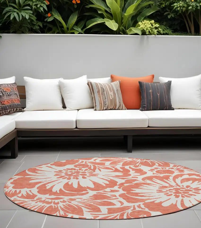 Salmon and Ivory Round Floral Washable Non Skid Indoor Outdoor Area Rug Photo 1