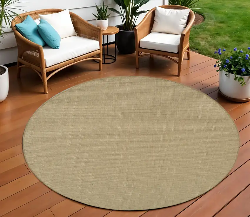 Beige Round Stain Resistant Indoor Outdoor Area Rug Photo 1