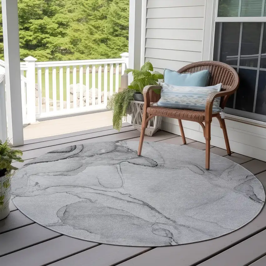 Silver Round Abstract Washable Non Skid Indoor Outdoor Area Rug Photo 8