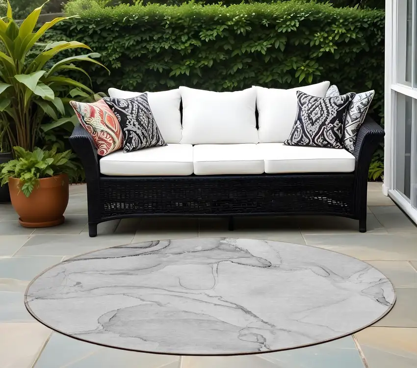 Silver Round Abstract Washable Non Skid Indoor Outdoor Area Rug Photo 1