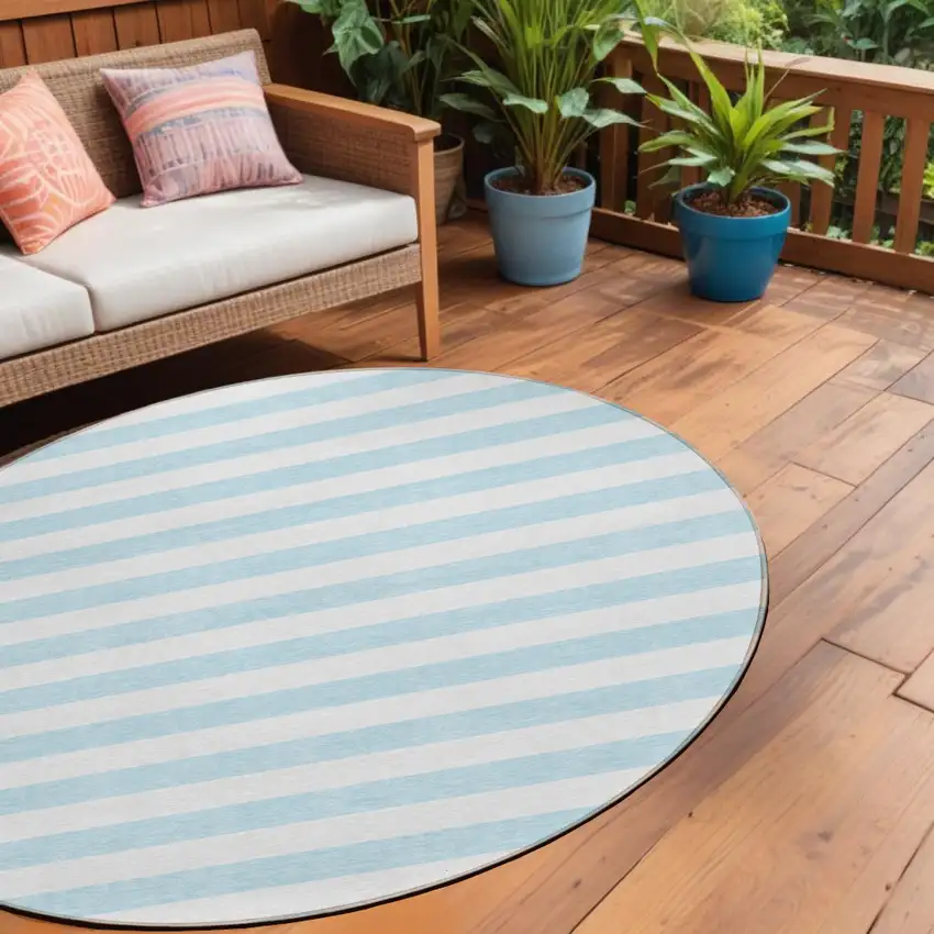 Sky Blue Round Striped Washable Non Skid Indoor Outdoor Area Rug Photo 1