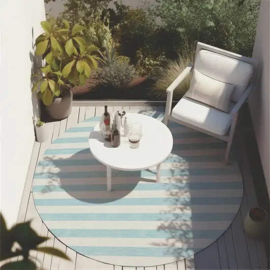 Sky Blue Round Striped Washable Non Skid Indoor Outdoor Area Rug Photo 8