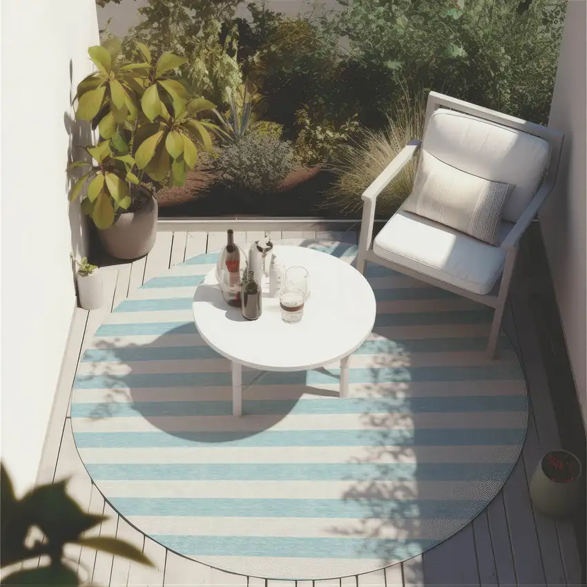 Sky Blue Round Striped Washable Non Skid Indoor Outdoor Area Rug Photo 8