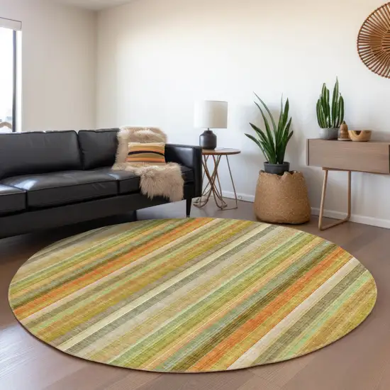 Tan Orange and Green Round Striped Washable Non Skid Indoor Outdoor Area Rug Photo 9