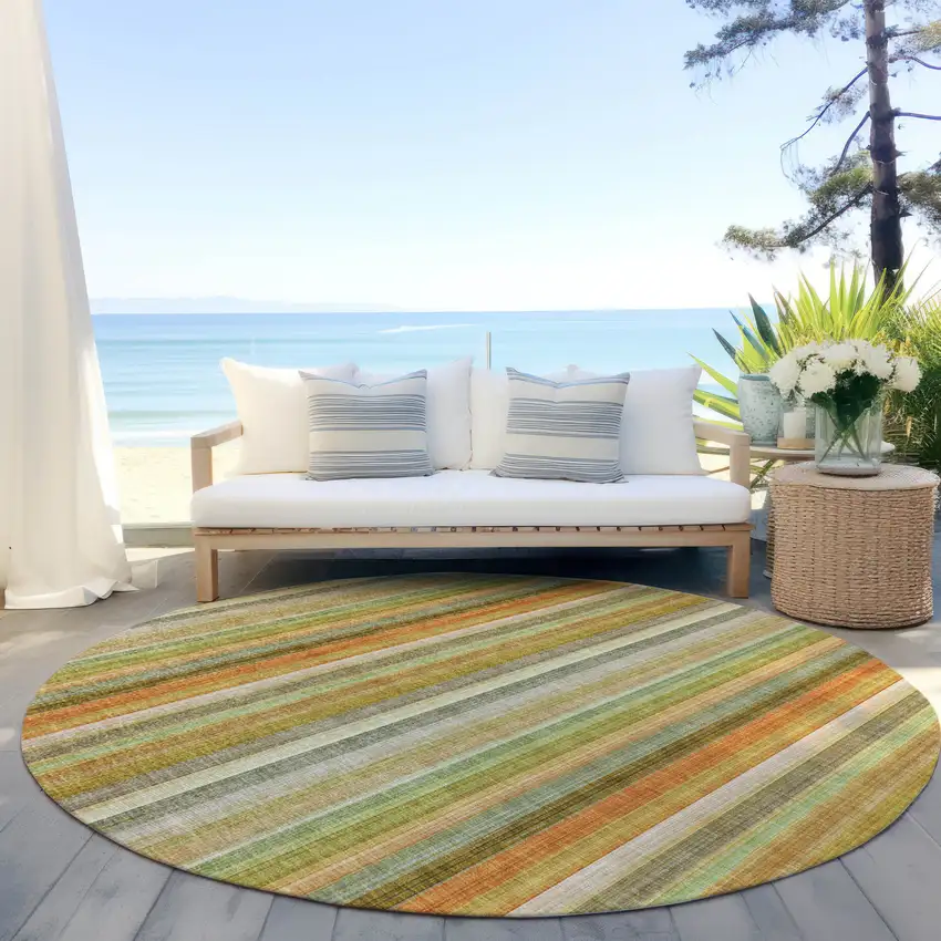 Tan Orange and Green Round Striped Washable Non Skid Indoor Outdoor Area Rug Photo 8