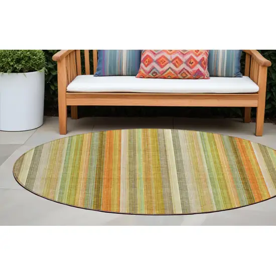 Tan Orange and Green Round Striped Washable Non Skid Indoor Outdoor Area Rug Photo 1