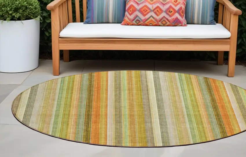 Tan Orange and Green Round Striped Washable Non Skid Indoor Outdoor Area Rug Photo 1