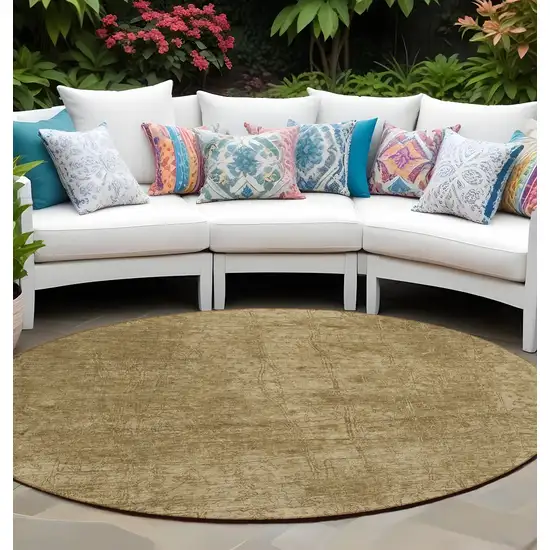 Tan Round Abstract Washable Non Skid Indoor Outdoor Area Rug Photo 1