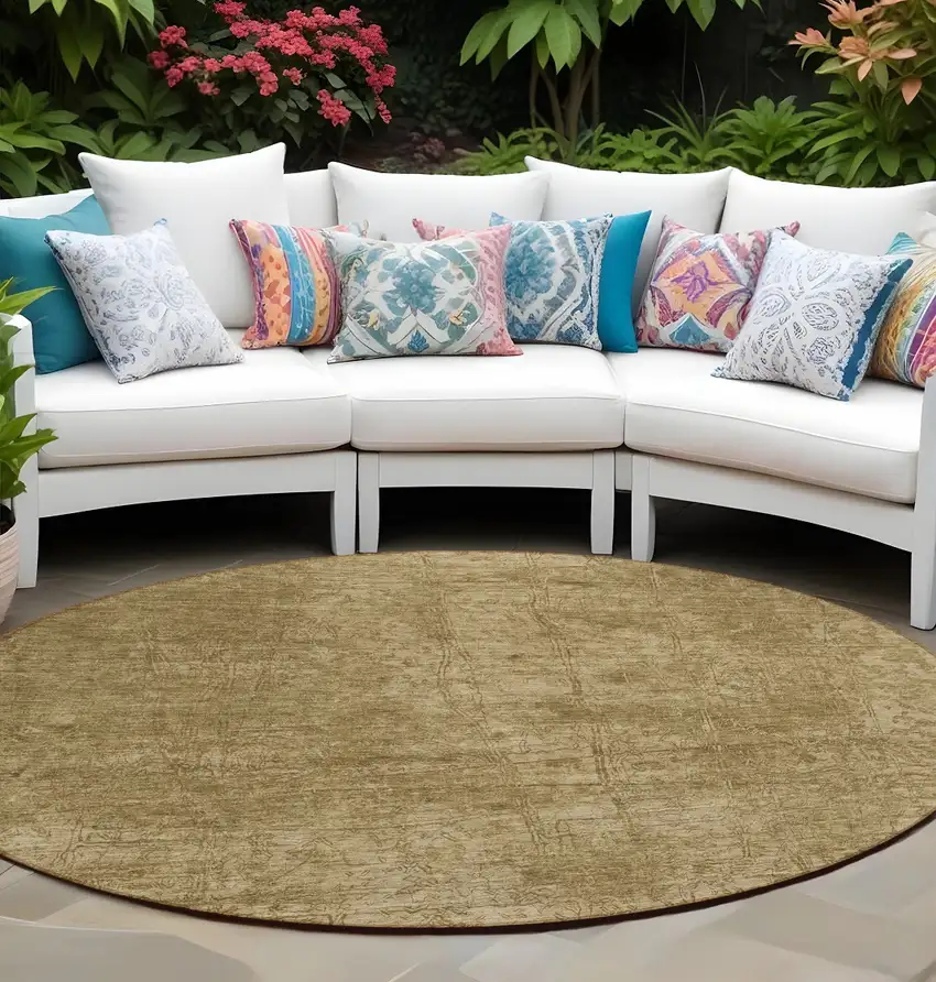 Tan Round Abstract Washable Non Skid Indoor Outdoor Area Rug Photo 1