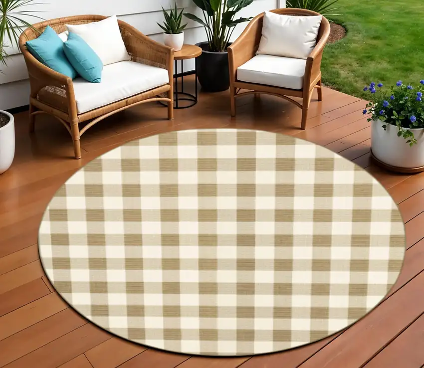 Gray and Ivory Round Geometric Stain Resistant Indoor Outdoor Area Rug Photo 1