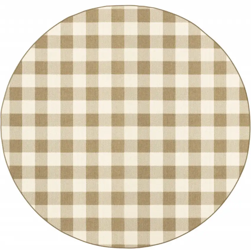 8' Round Tan Round Geometric Stain Resistant Indoor Outdoor Area Rug Photo 1