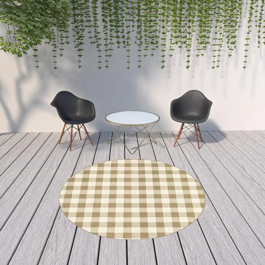 8' Round Tan Round Geometric Stain Resistant Indoor Outdoor Area Rug Photo 2