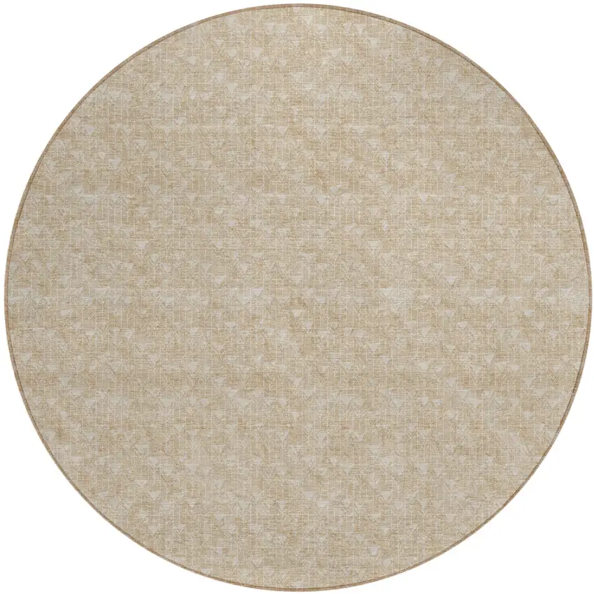 Tan Round Geometric Washable Non Skid Indoor Outdoor Area Rug Photo 2