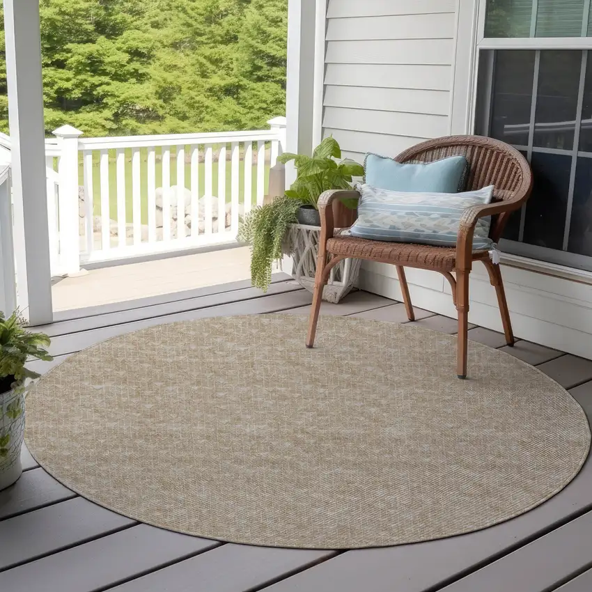 8' Round Tan Round Geometric Washable Non Skid Indoor Outdoor Area Rug Photo 8