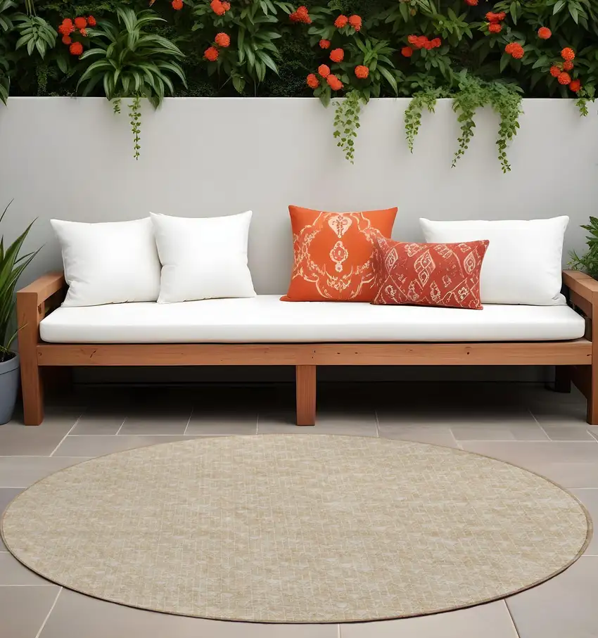 Tan Round Geometric Washable Non Skid Indoor Outdoor Area Rug Photo 1