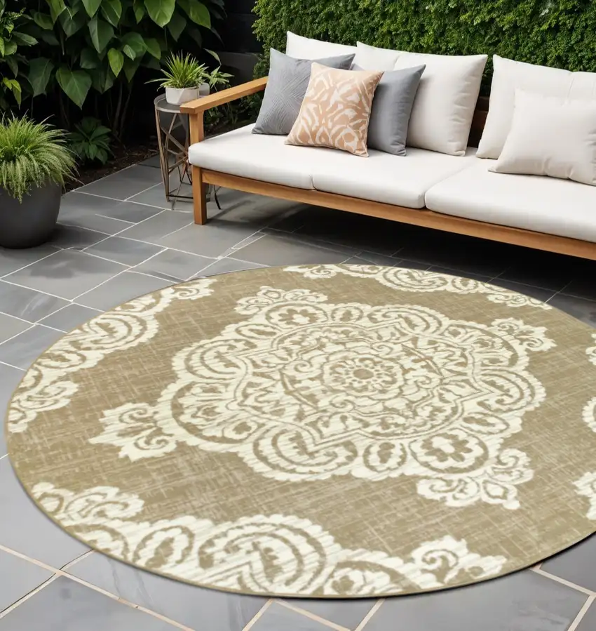 Tan Round Oriental Stain Resistant Indoor Outdoor Area Rug Photo 1