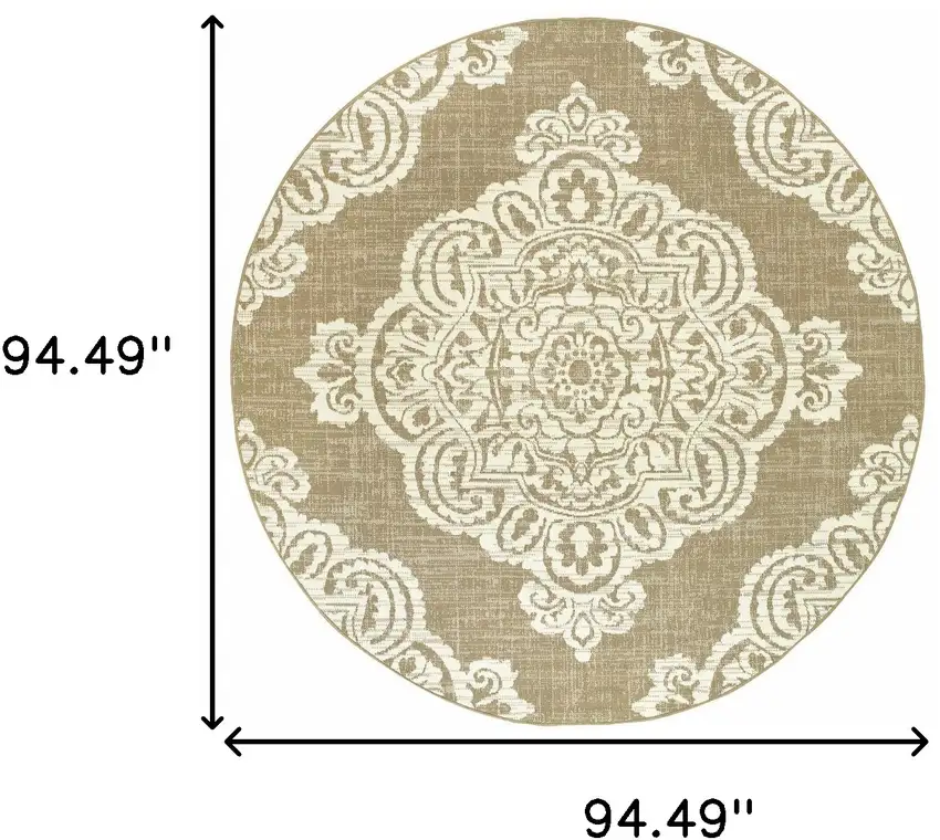 8' Round Tan Round Oriental Stain Resistant Indoor Outdoor Area Rug Photo 5